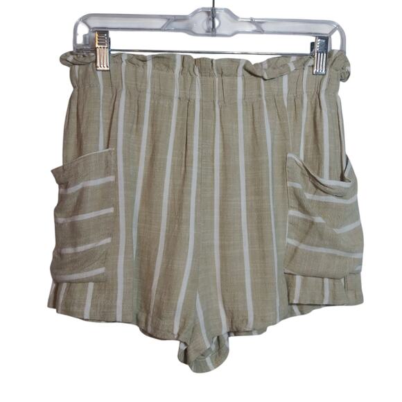 Lush Striped Taupe Cream Linen Casual Shorts Beach Vacation Size Small - Picture 1 of 6